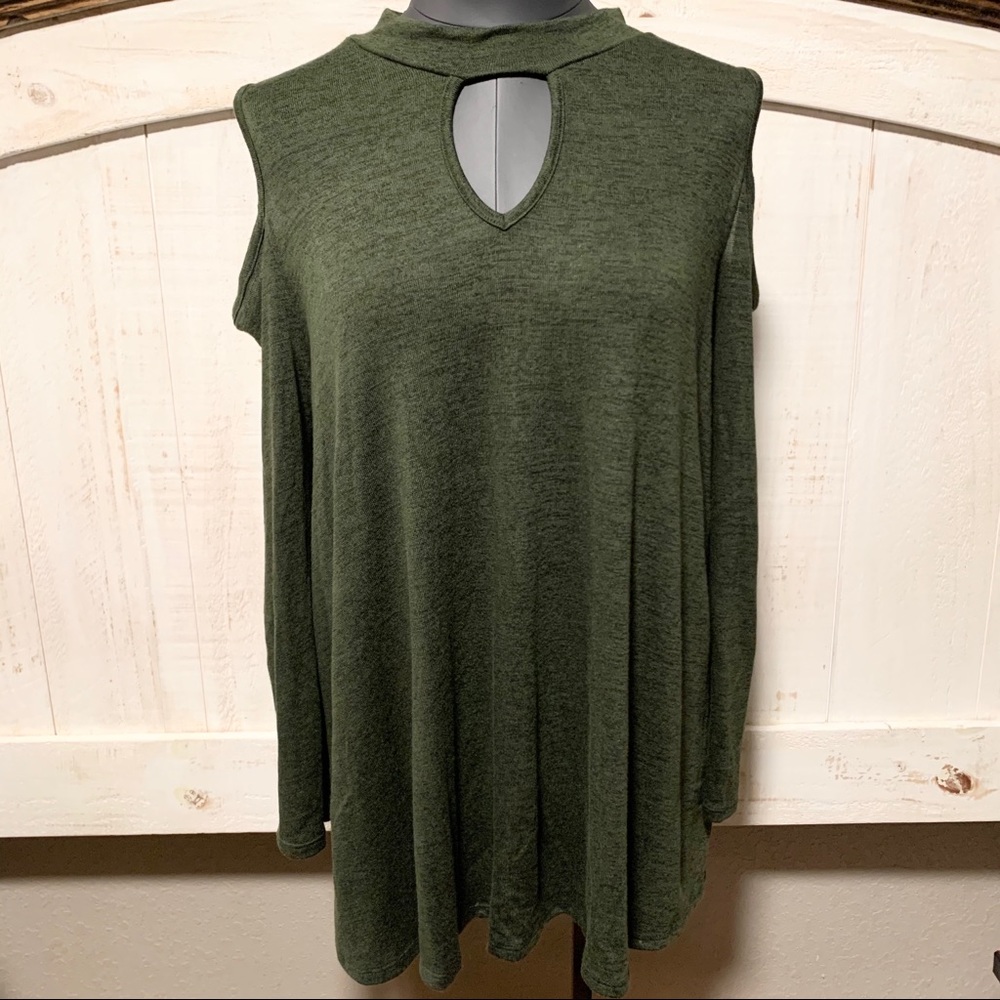 Green Long Sleeve Cold Shoulder Top